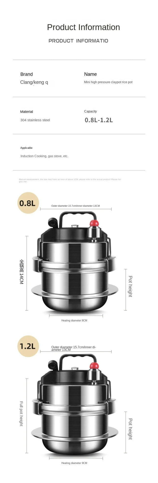 Panela de indução a gás universal, 1,2l/1,6l, mini panela de pressão de aço