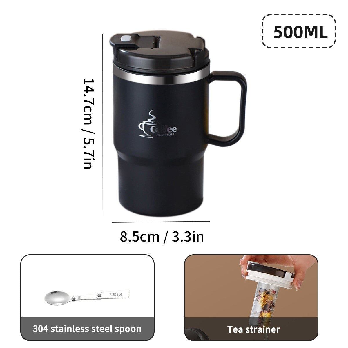WORTHBUY Copo de café térmico de parede duplo com filtro e colher 304 copo de