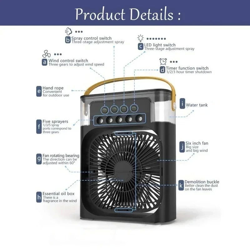 Ventilador com umidificador portátil de luz noturna LED - Mini refrigerador de